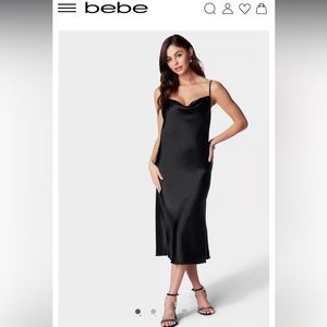 Bebe Satin Cowl Neck Slip Midi Black Dress size M- EUC